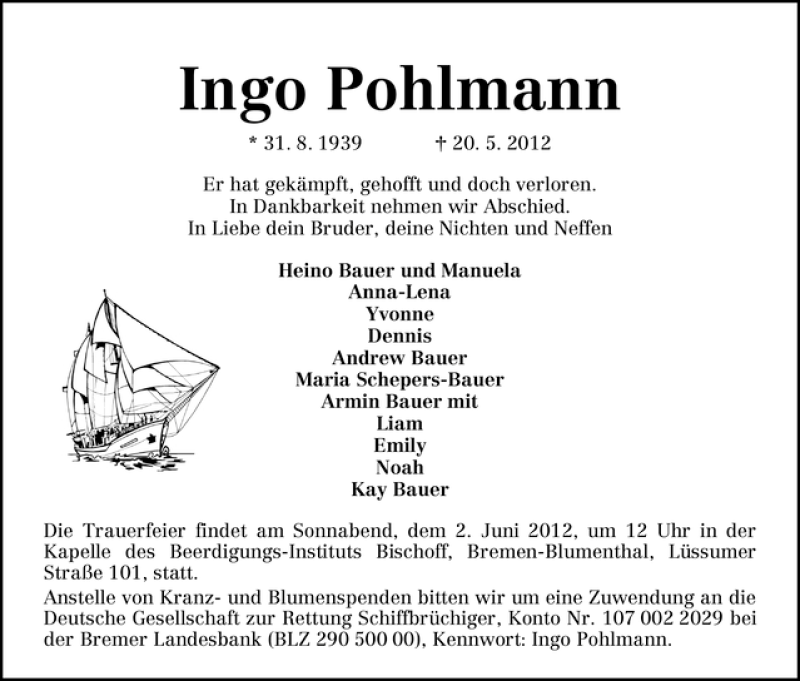  Traueranzeige für Ingo Pohlmann vom 31.05.2012 aus WESER-KURIER