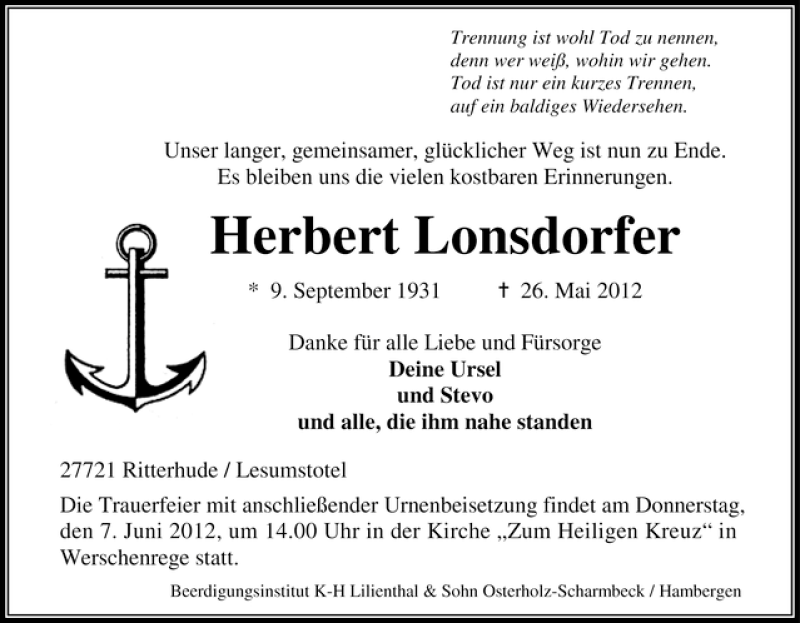  Traueranzeige für Herbert Lonsdorfer vom 31.05.2012 aus WESER-KURIER