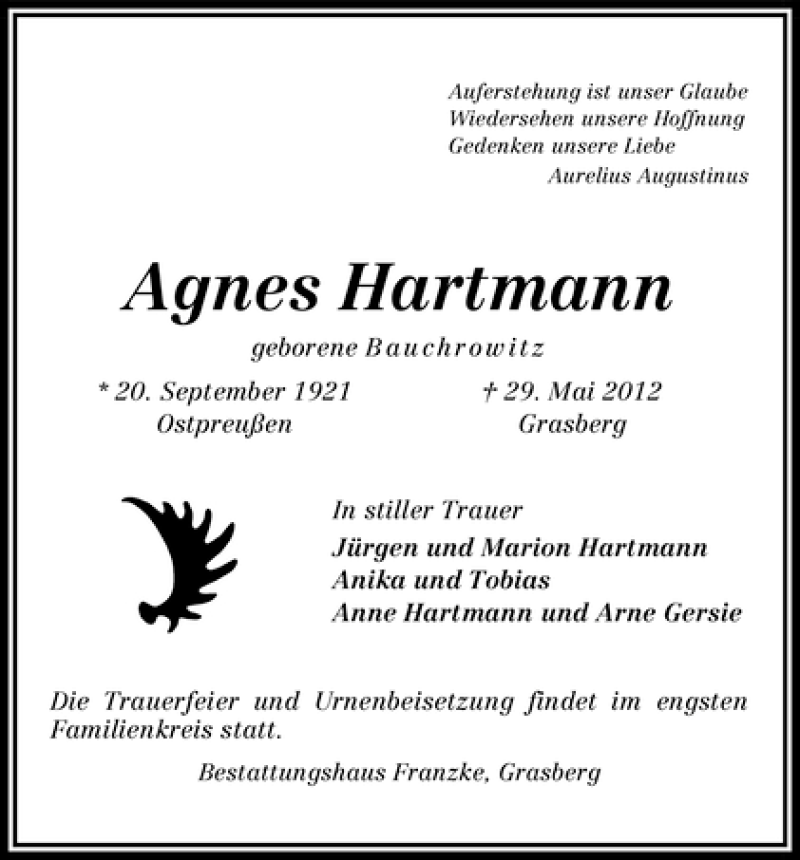 Traueranzeige von Agnes Hartmann von WESER-KURIER