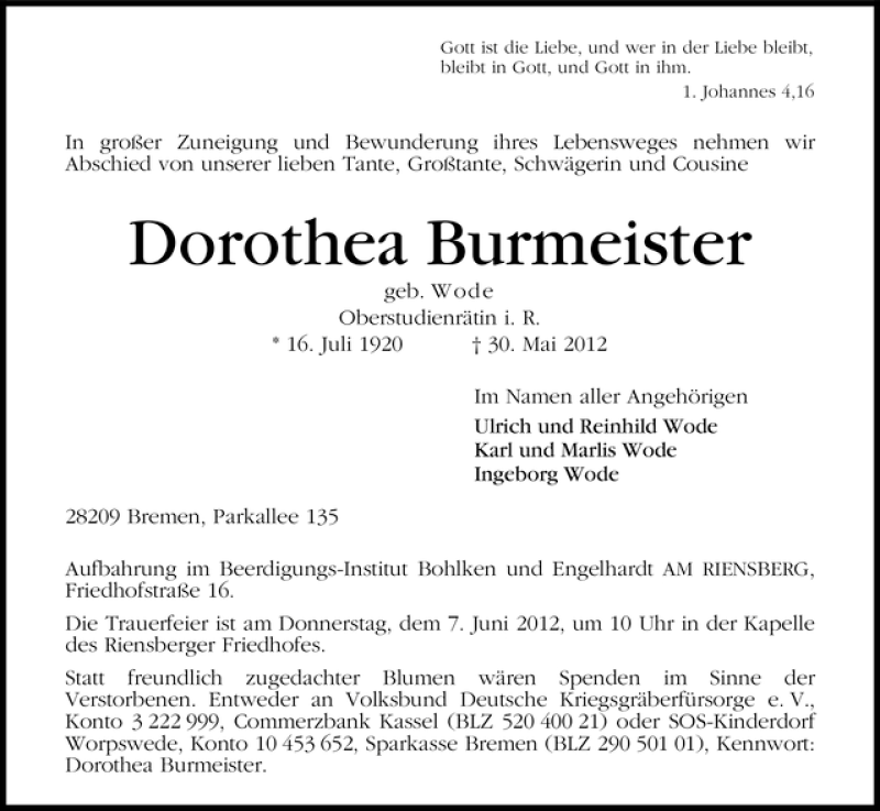 Traueranzeige von Dorothea Burmeister von WESER-KURIER