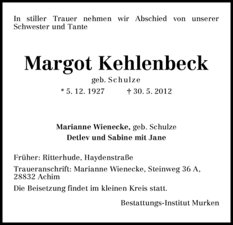 Traueranzeige von Margot Kehlenbeck von WESER-KURIER
