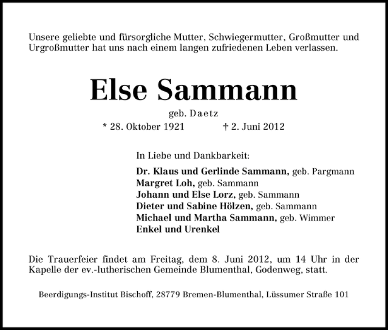  Traueranzeige für Else Sammann vom 05.06.2012 aus WESER-KURIER