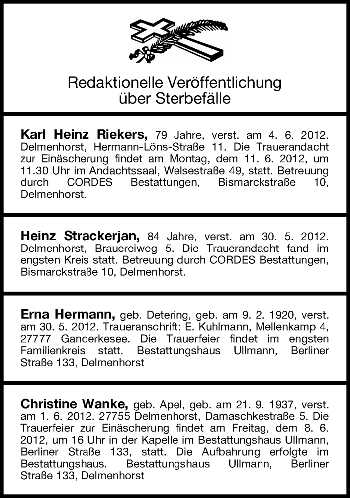 Traueranzeige von Sterbefälle vom 06.06.2012 von WESER-KURIER