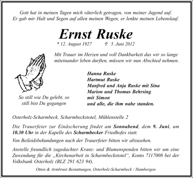  Traueranzeige für Ernst Ruske vom 07.06.2012 aus WESER-KURIER