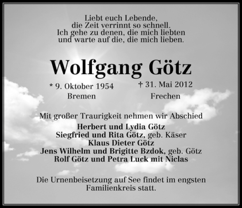 Traueranzeige von Wolfgang Götz von WESER-KURIER