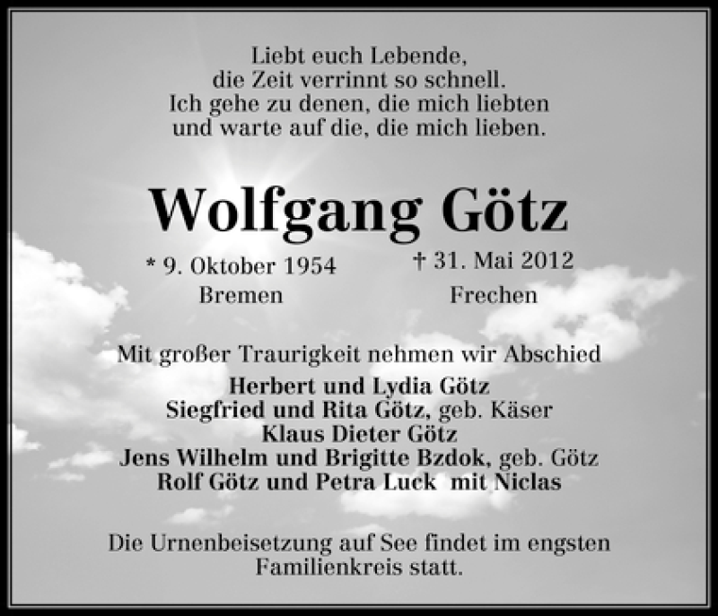 Traueranzeige von Wolfgang Götz von WESER-KURIER