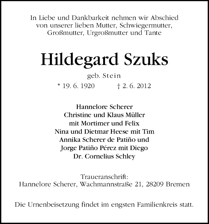 Traueranzeige von Hildegard Szuks von WESER-KURIER
