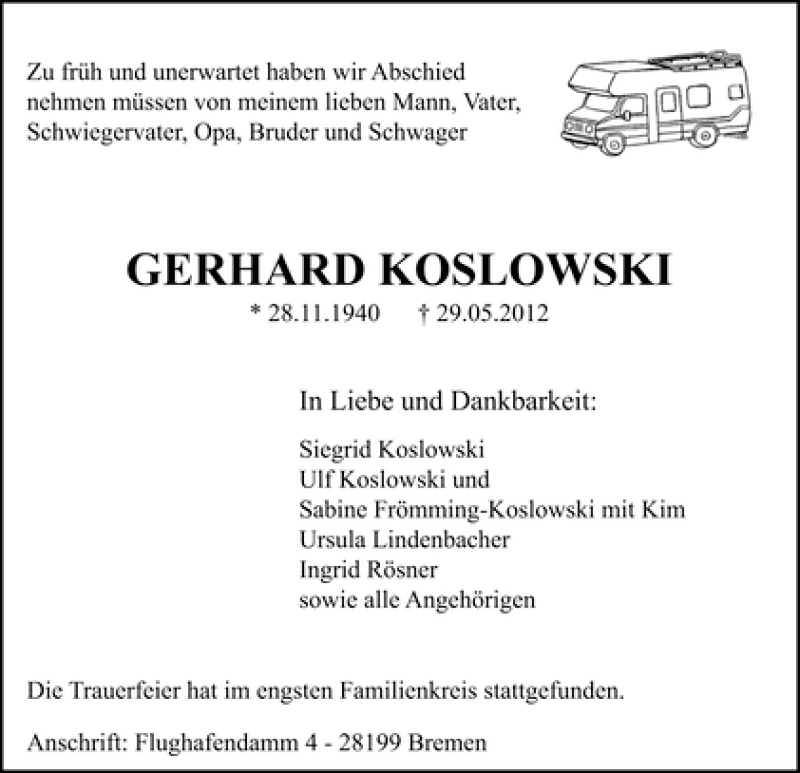 Traueranzeige von Gerhard Koslowski von WESER-KURIER