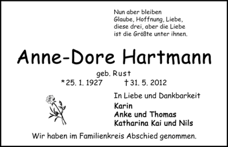 Traueranzeige von Anne-Dore Hartmann von WESER-KURIER