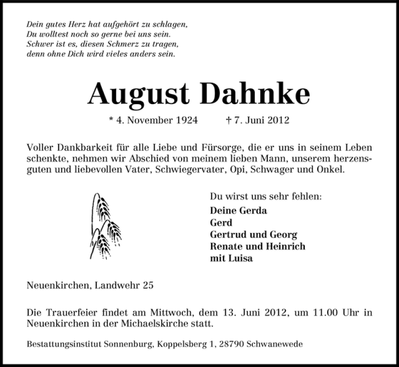 Traueranzeige von August Dahnke von WESER-KURIER