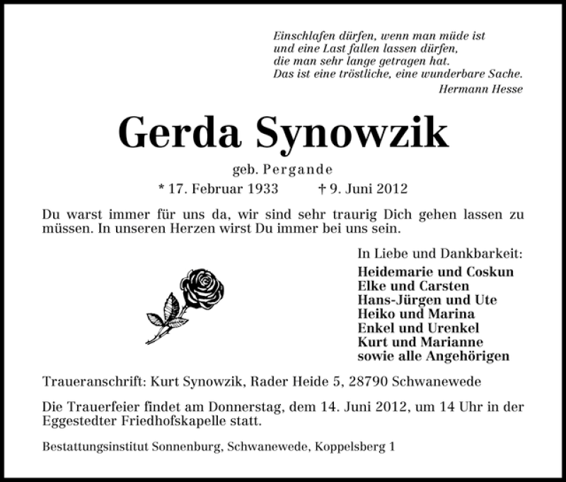 Traueranzeige von Gerda Synowzik von WESER-KURIER