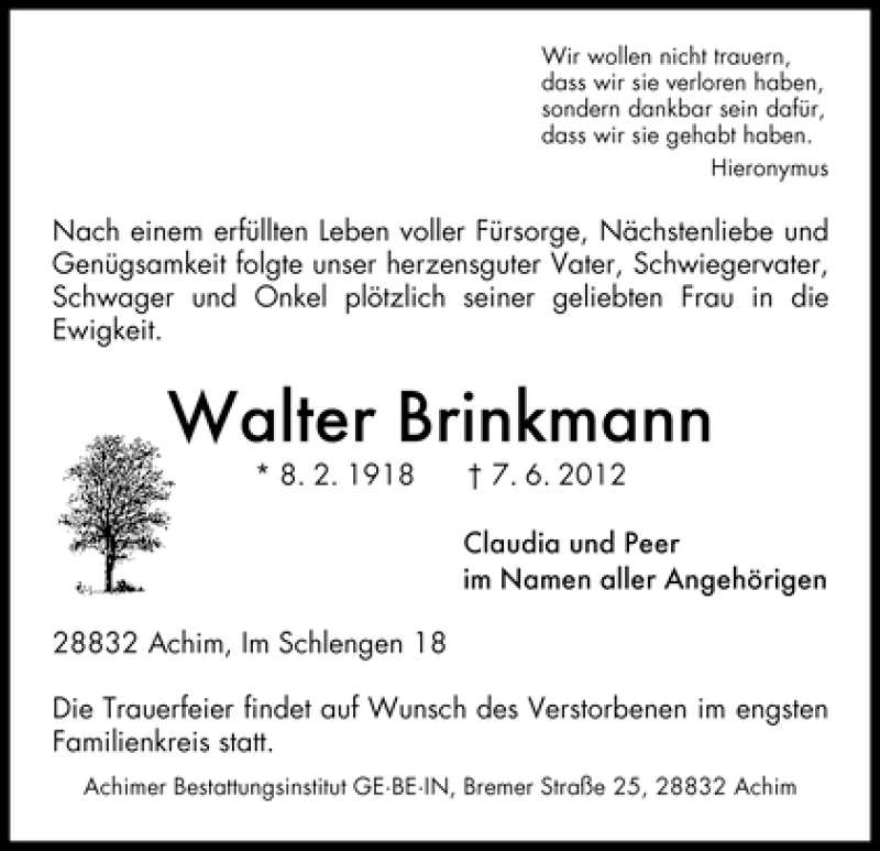 Traueranzeige von Walter Brinkmann von WESER-KURIER