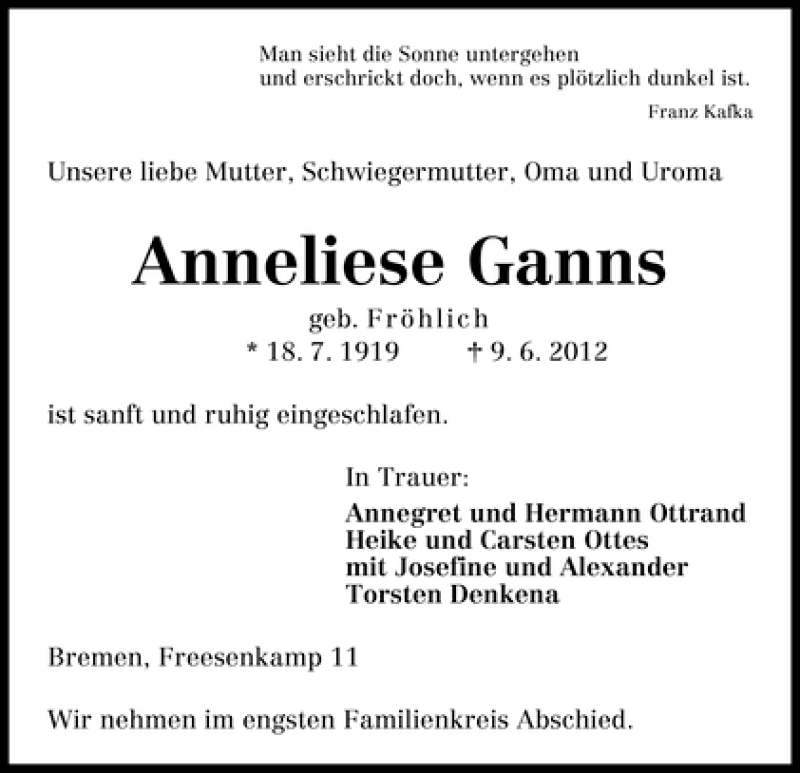 Traueranzeige von Anneliese Ganns von WESER-KURIER