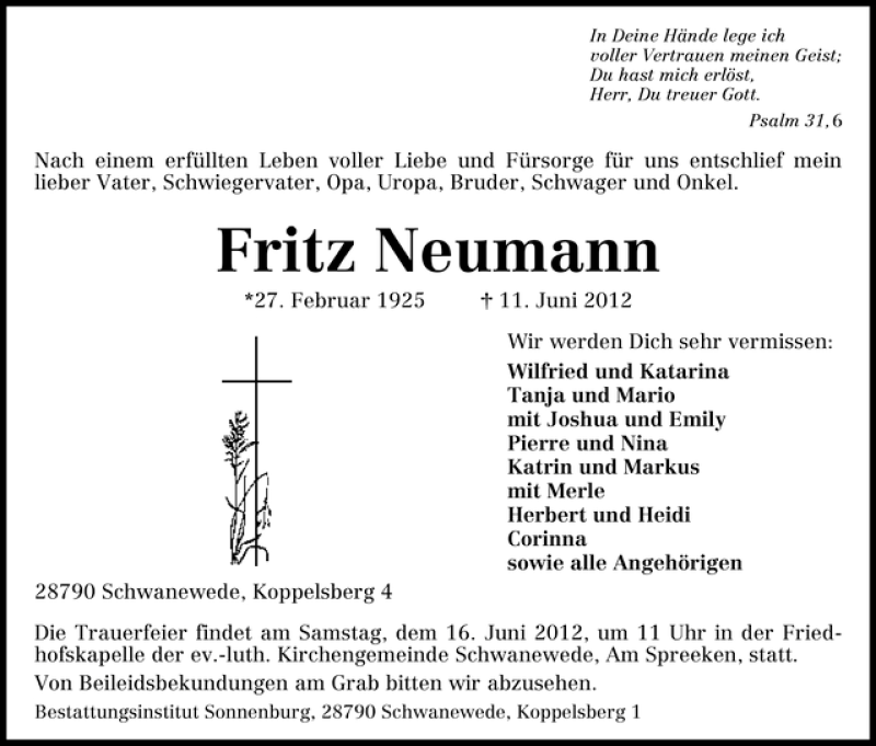 Traueranzeige von Fritz Neumann von WESER-KURIER