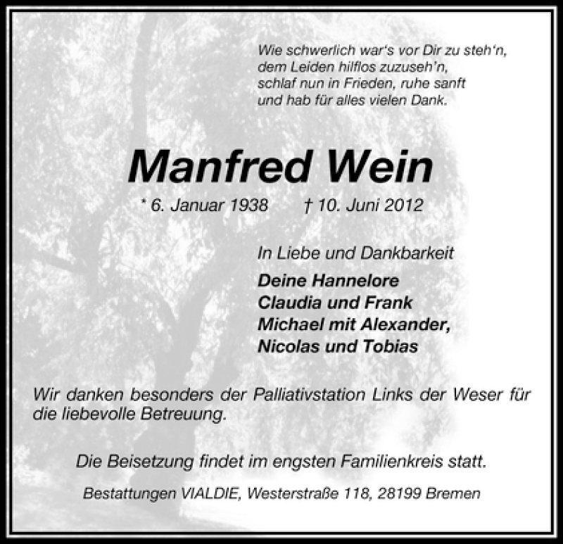 Traueranzeige von Manfred Wein von WESER-KURIER
