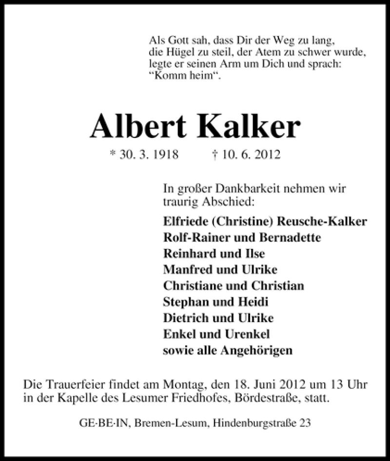 Traueranzeige von Albert Kalker von WESER-KURIER