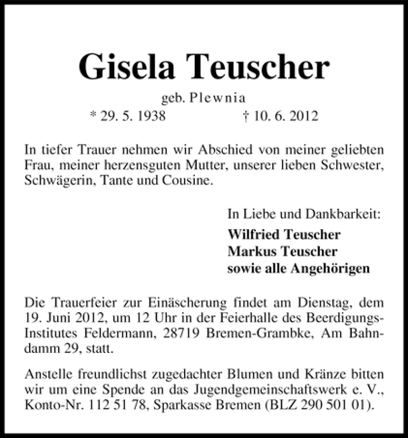Traueranzeige von Gisela Teuscher von WESER-KURIER