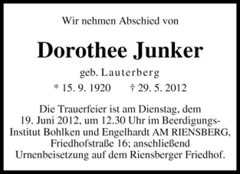 Traueranzeige von Dorothee Junker von WESER-KURIER
