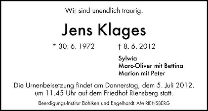  Traueranzeige für Jens Klages vom 16.06.2012 aus WESER-KURIER