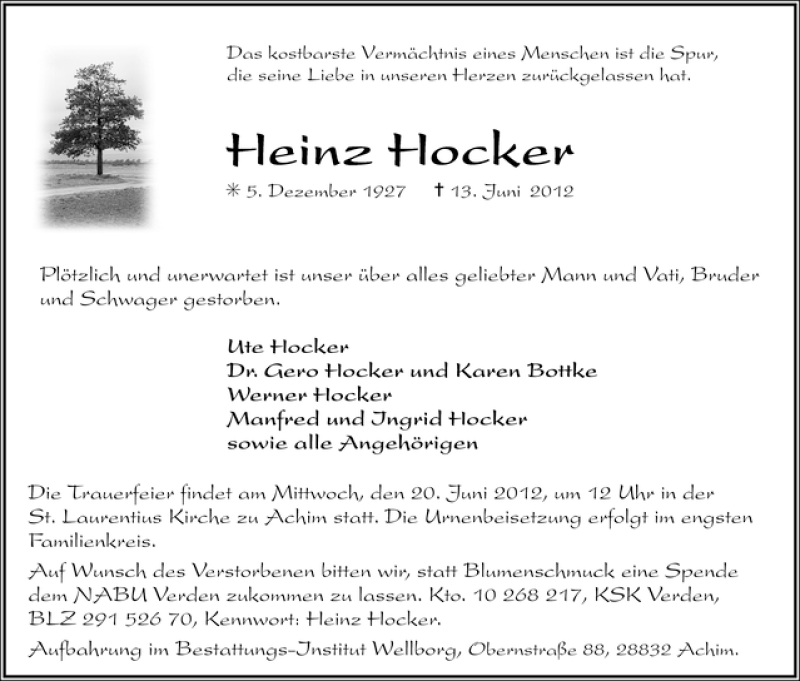 Traueranzeige von Heinz Hocker von WESER-KURIER