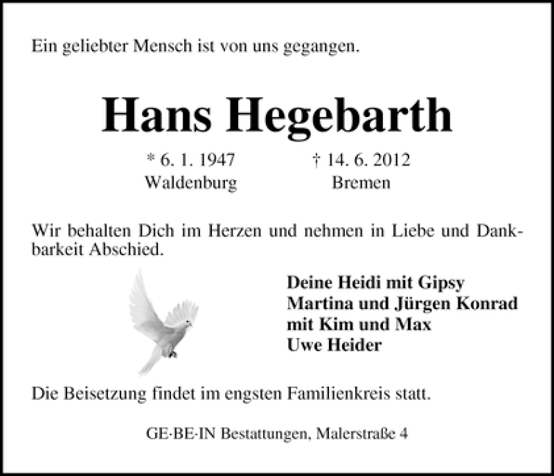 Traueranzeige von Hans Hegebarth von WESER-KURIER