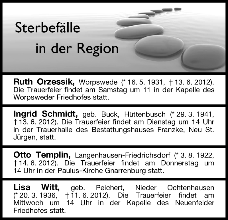 Traueranzeige von Sterbefälle vom 18.06.2012 von WESER-KURIER