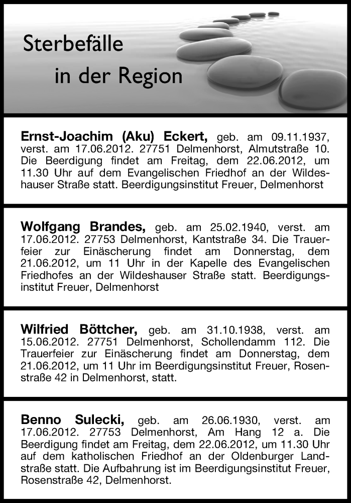 Traueranzeige von Sterbefälle vom 19.06.2012 von WESER-KURIER