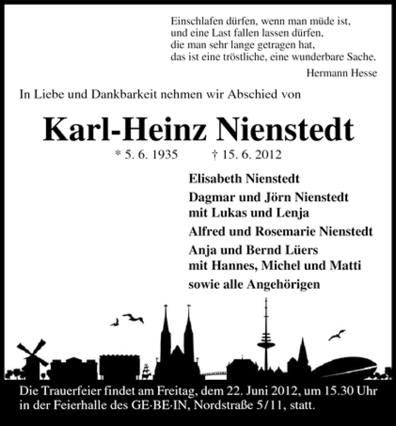 Traueranzeige von Karl-Heinz Nienstedt von WESER-KURIER