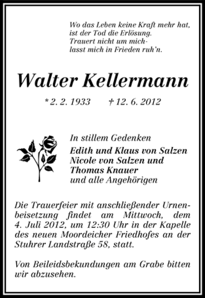 Traueranzeige von Walter Kellermann von WESER-KURIER