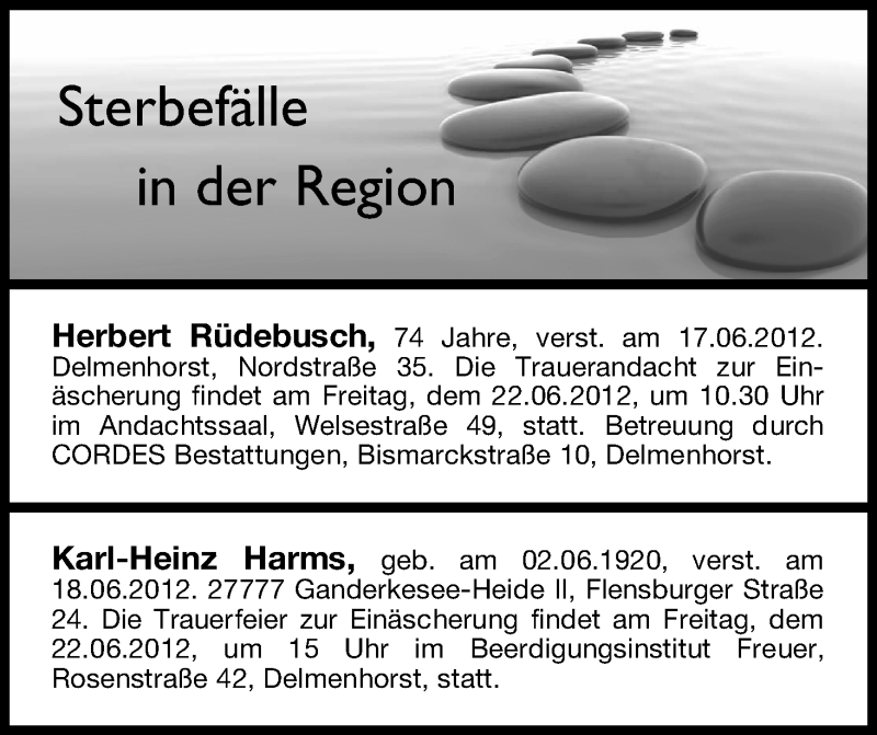 Traueranzeige von Sterbefälle vom 20.06.2012 von WESER-KURIER