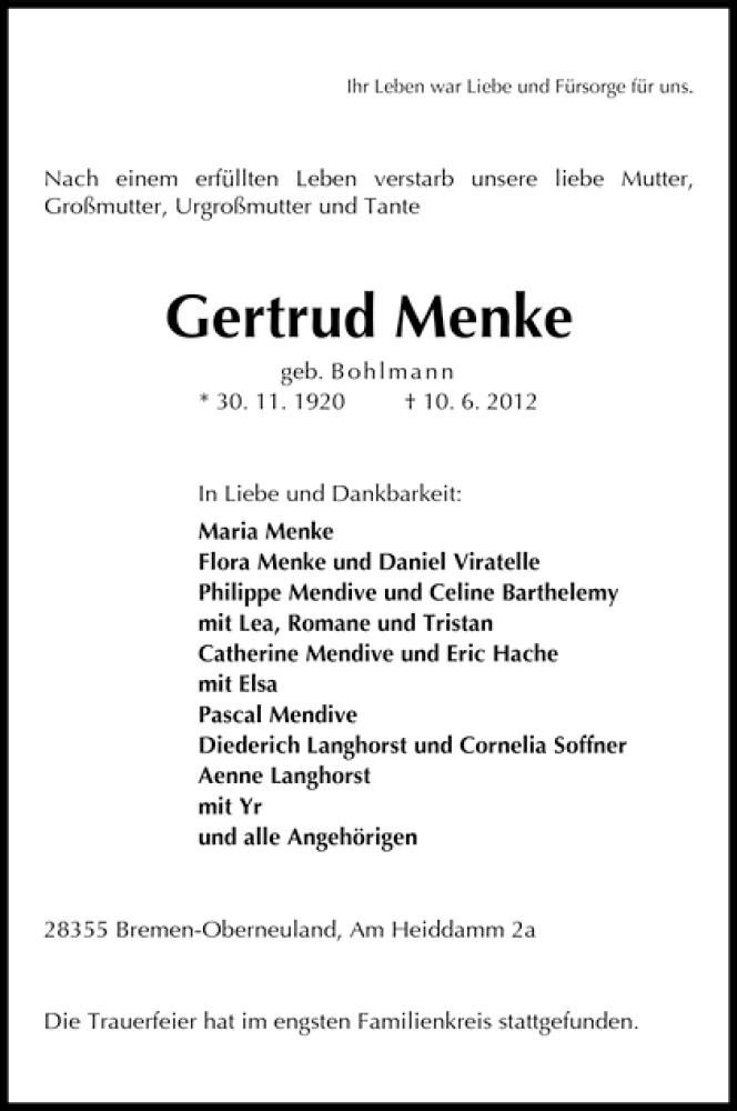 Traueranzeige von Getrud Menke von WESER-KURIER