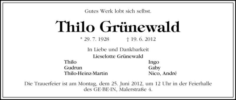Traueranzeige von Thilo Grünewald von WESER-KURIER