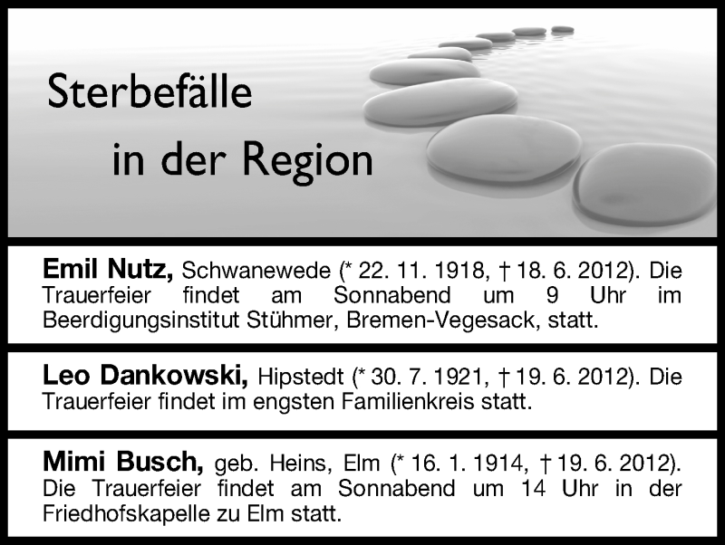 Traueranzeige von Sterbefälle vom 22.06.2012 von WESER-KURIER