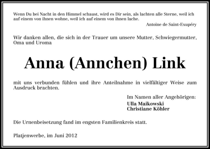 Traueranzeige von Anna Link von WESER-KURIER