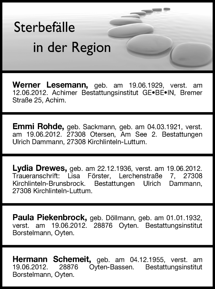 Traueranzeige von Sterbefälle vom 23.06.2012 von WESER-KURIER
