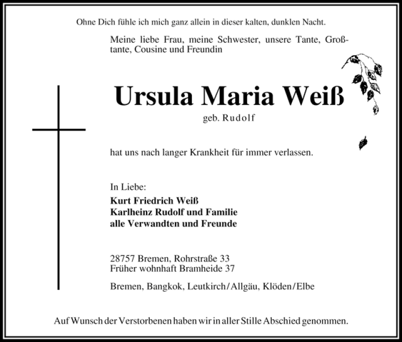 Traueranzeige von Ursula Maria Weiß von WESER-KURIER
