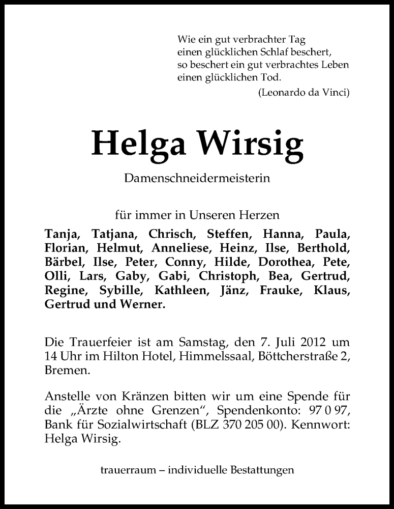 Traueranzeige von Helga Wirsig von WESER-KURIER