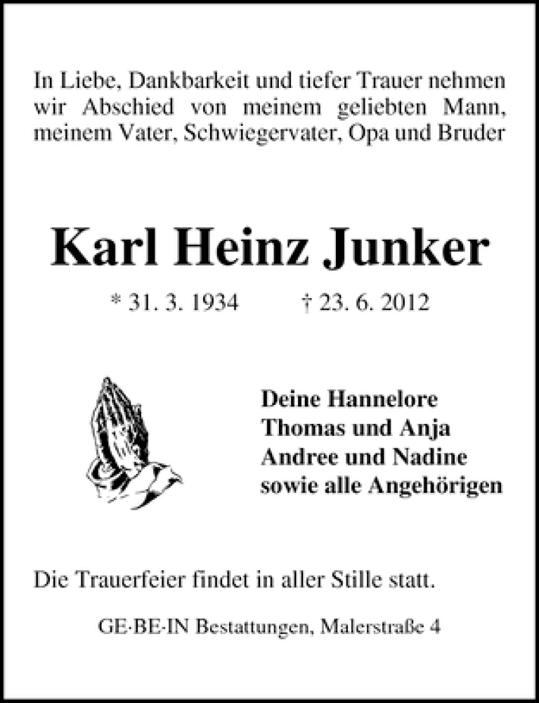 Traueranzeige von Karl Heinz Junker von WESER-KURIER