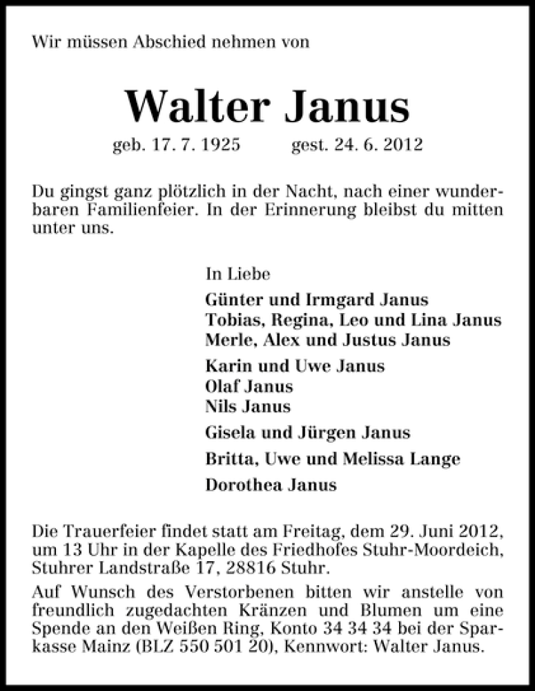 Traueranzeige von Walter Janus von WESER-KURIER