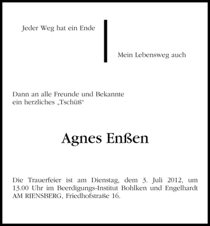  Traueranzeige für Agnes Enßen vom 29.06.2012 aus WESER-KURIER