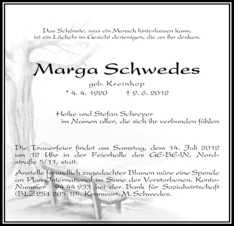 Traueranzeige von Marga Schwedes von WESER-KURIER