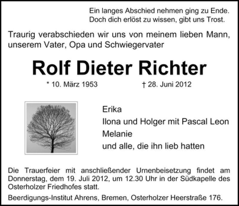  Traueranzeige für Rolf Dieter Richter vom 04.07.2012 aus WESER-KURIER