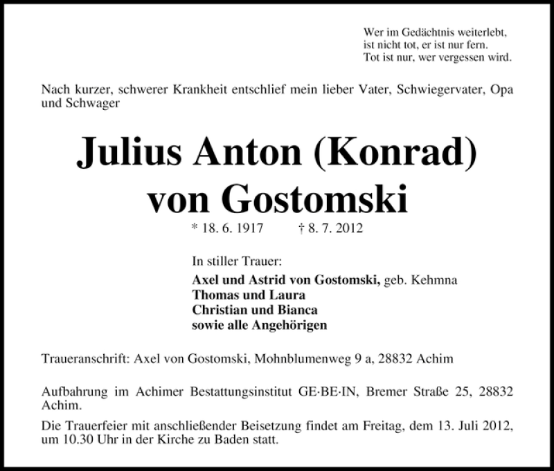 Traueranzeige von Julius Anton (Konrad) von Gostomski von WESER-KURIER