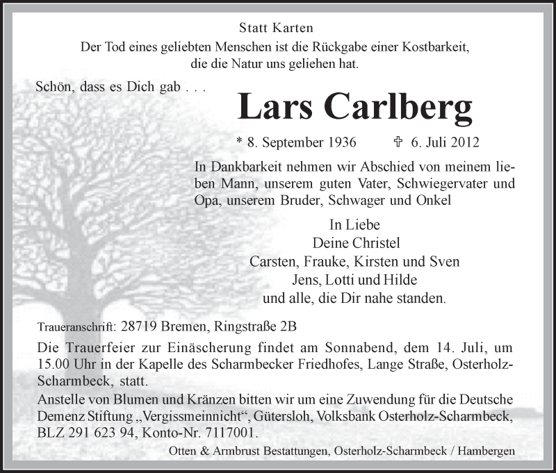Traueranzeige von Lars Carlberg von WESER-KURIER