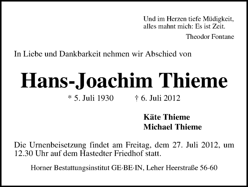 Traueranzeige von Hans-Joachim Thieme von WESER-KURIER