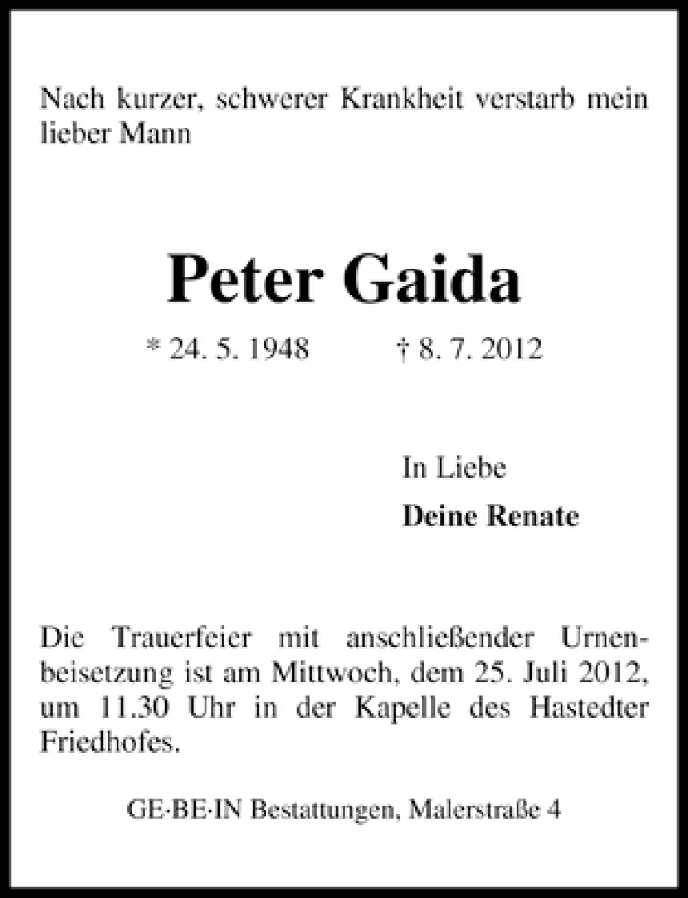 Traueranzeige von Peter Gaida von WESER-KURIER