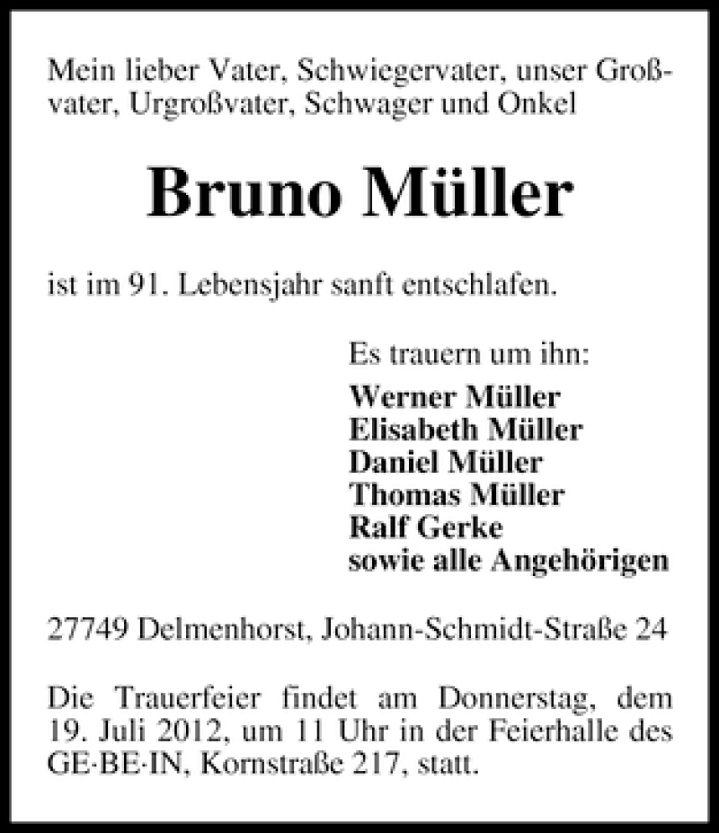 Traueranzeige von Bruno Müller von WESER-KURIER