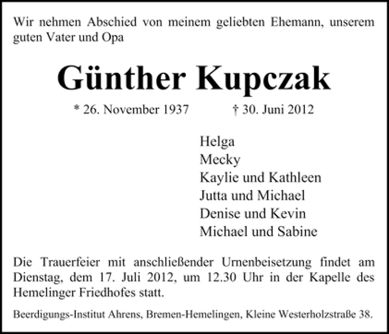 Traueranzeige von Günther Kupczak von WESER-KURIER