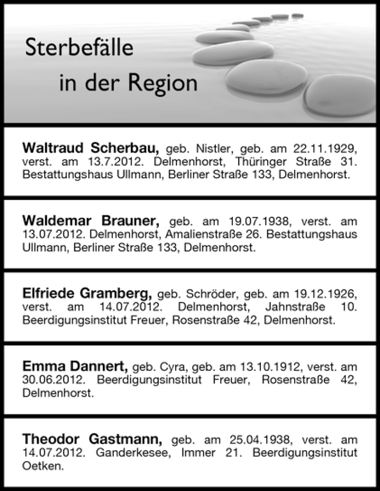 Traueranzeige von Sterbefälle vom 17.07.2012 von WESER-KURIER