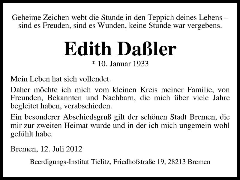 Traueranzeige von Edith Daßler von WESER-KURIER